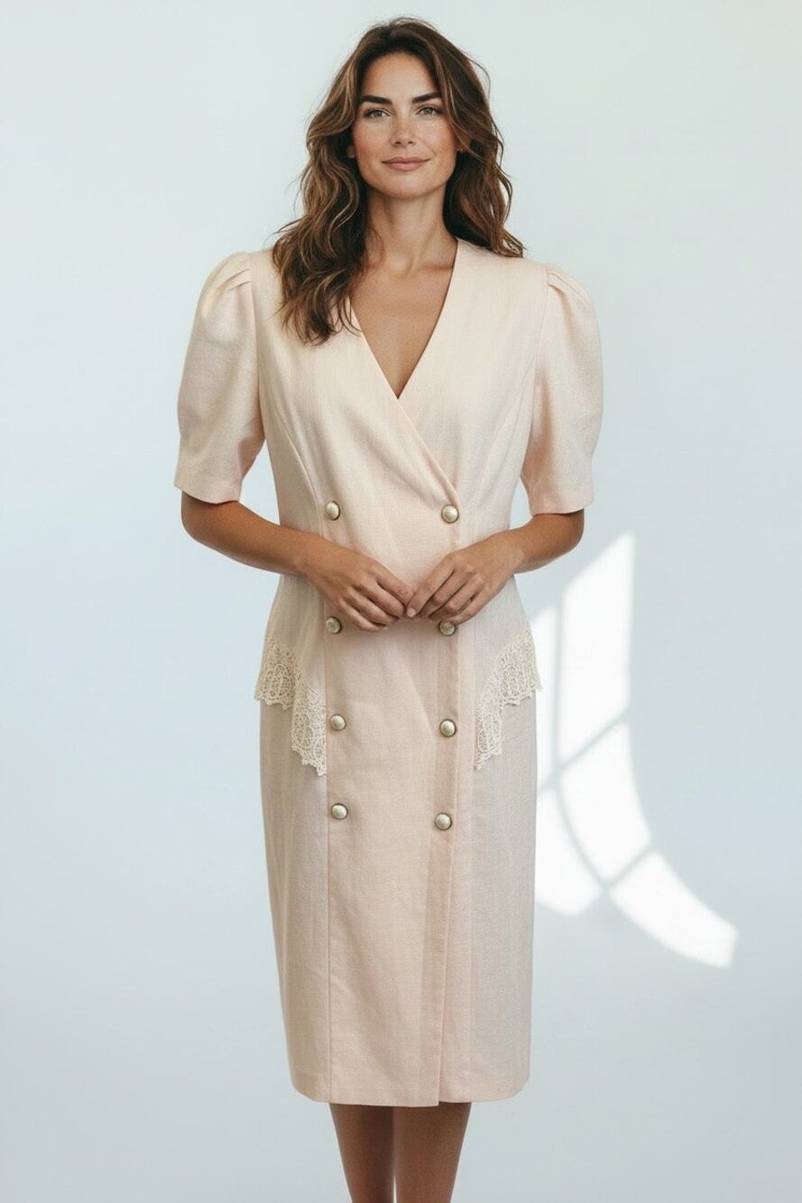 Vintage 80s Pastel Pink Double Breasted Midi Dress with Lace Trim | Size 16